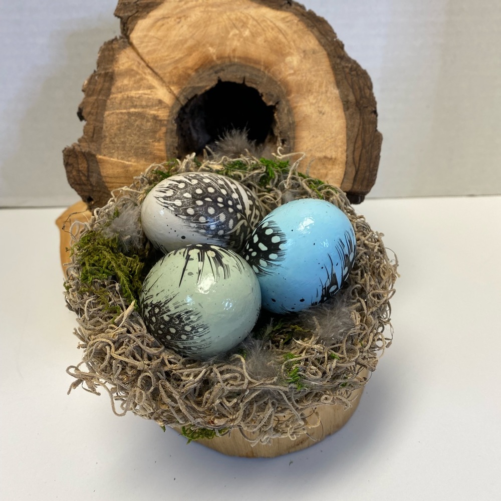 Wooden eggs with moss nest  cottagecore decoration